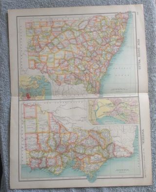 1902 Bartholomew Map Of South Wales & Victoria Australia 18 X 14 Inches