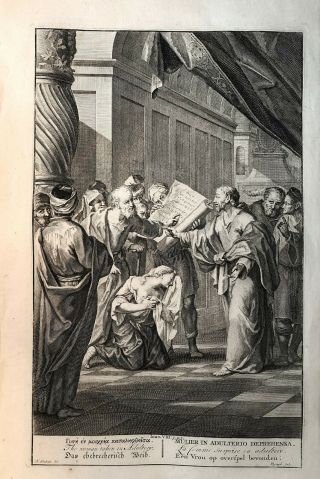 18th C.  Bible Print: John 8:3 - 5 The Woman Taken In Adultery