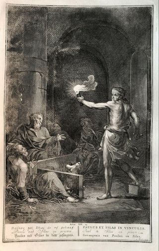 18th C.  Bible Print: Acts 16:24 Paul And Silas In Prison