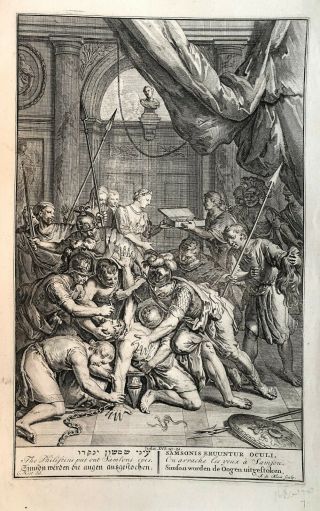 18th C.  Bible Print: Judges 16:19 - 21 The Philistins Put Out Samson 