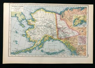 Vintage Colour Atlas Map 1920,  Alaska & Yukon,  Harmsworth 