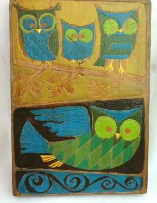 Vtg Mid Century Mod 1970 Carved Owl Wood Art Plaques 10 1/8 " X7 " Signed Bar