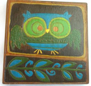 Vtg Mid Century Mod 1970 Carved Owl Wood Art Plaques 7 1/8 " X 7 1/8 " Signed Bar