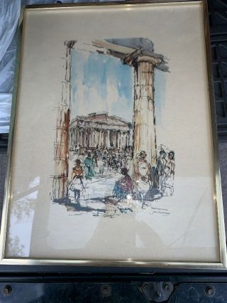 Vintage Greece Parthenon Watercolor Print Signed By Jan Korthals 1950 - 1969