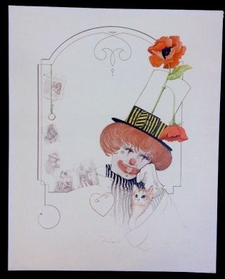 Vintage William W Tara Circus Clown With Kitten Lithograph Art Print Open