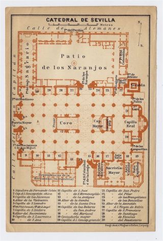 1913 Antique Plan Of Cathedral Of Seville Sevilla / Andalusia / Spain