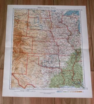 1926 Vintage Map Of Central Usa / Oklahoma Texas Kansas Dakota Iowa