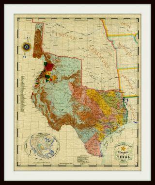 Texas Vintage Map - Republic Of Texas Commemorative Map Poster (1845) | Wall Dec