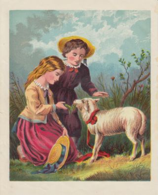 Victorian Girls Feeding Baby Lamb Sheep Antique Lithograph Art Print 1877