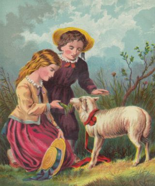 VICTORIAN GIRLS FEEDING BABY LAMB SHEEP ANTIQUE LITHOGRAPH ART PRINT 1877 2
