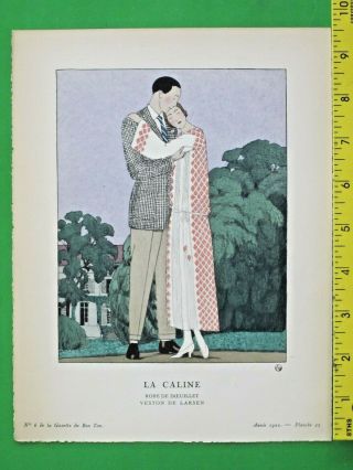 Gazette Du Bon Ton,  Art Deco Pochoir Print,  Andre Marty,  La Caline,  Pl.  43,  1922