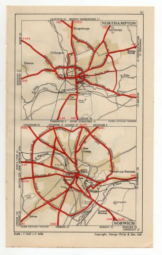 1948 Map Of Northampton & Norwich United Kingdom England British Isles
