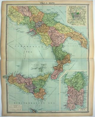 1926 Map Of Southern Italy By George Philip & Son.  Vintage