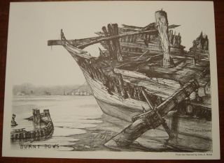 Maritime Artist John A Noble Small Black & White 1970 Print Burnt Bows