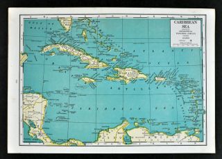 1944 Geographical Map Caribbean Sea West Indies Cuba Puerto Rico Antilles Keys