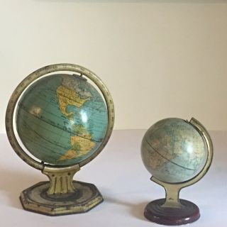 Vintage Globes On Stands,  8 ",  12 ".  Colors.  One Small Dent.