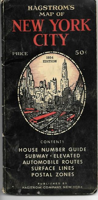 Vintage Hagstroms 1954 Map Of York City Subway Auto Routes House Numbers,