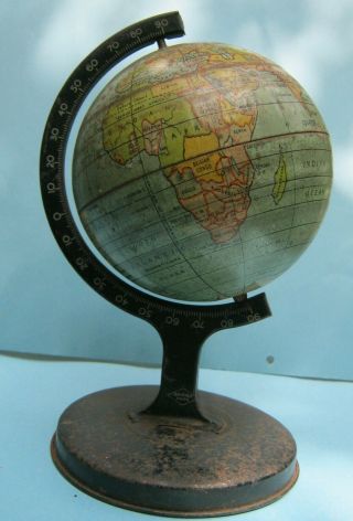 Vintage 1950s 1960s Tin Plate World Globe Made In England Standing 8.  5ins.