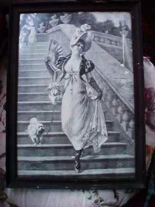 Victorian Art Print - Lady With Fan & Dog Fashion,  Antique Vintage 1881 Framed