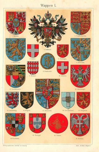European Kingdoms Coat Of Arms Europe Heraldry Chromolithograph Print Ca.  1885