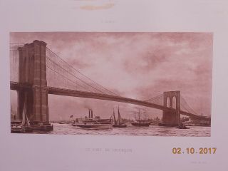 ANTIQUE 1891 PRINT ETCHING BROOKLYN BRIDGE YORK NY BY E RENOUF 3