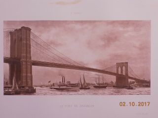 ANTIQUE 1891 PRINT ETCHING BROOKLYN BRIDGE YORK NY BY E RENOUF 7
