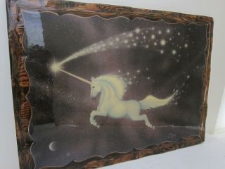 Andy Mack Unicorn In Space Vintage 1970s/80s Lacquered Wood Wall Plaque 16x22