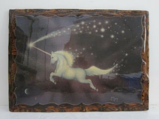 Andy Mack Unicorn in Space Vintage 1970s/80s Lacquered Wood Wall Plaque 16x22 2