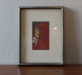 Kaoru Kawano Girl In Red Hood Mid Century Japanese Woodblock Frame