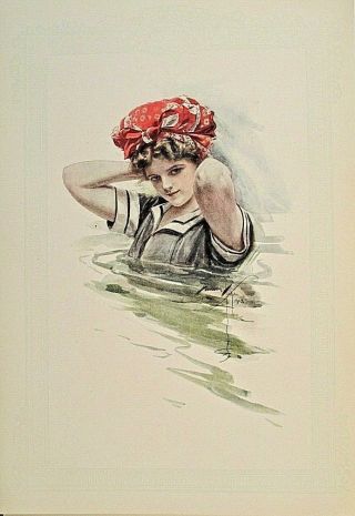 Harrison Fisher,  Pretty Lady,  Swimming,  Red Bathing Cap,  1908 Antique Art Print