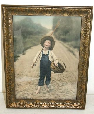 Antique 1901 Whistling Boy Campbell Art Fishing Creel Basket Pole Cabin Print