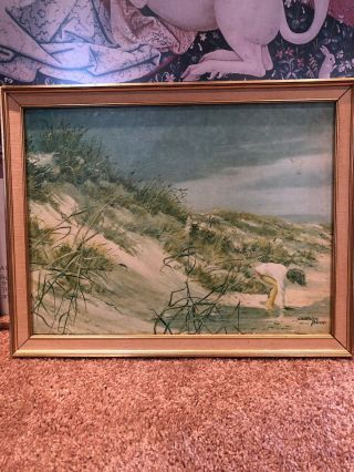 Signed At The Beach By Carolyn Blish Seascape Sand Dunes Little Girl Canvas