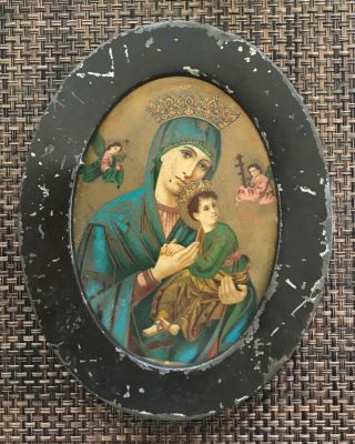 Early 1900’s Framed Mary With Jesus Print,  Prayer To Our Lady Of Perpetual Help
