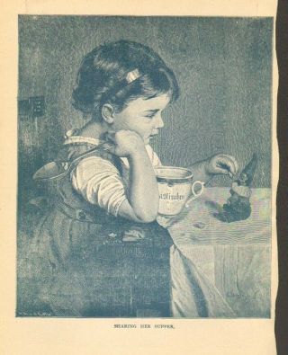 Child,  Sharing Her Supper With Her Doll,  Vintage,  1890 Antique Art Print,  Cute