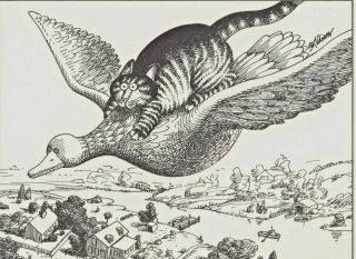 B Kliban Cats CAT ON A FLYING DUCK Vintage Funny Cat Art Print 1981 2