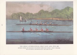 1974 Vintage Currier & Ives Rowing Crew Race " Harvard Oxford 1869 " Color Litho
