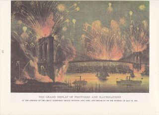 1974 Vintage Currier & Ives Nyc " Fireworks Over Brooklyn Brdge " Color Lithograph