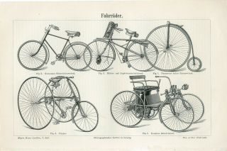 1895 Old Bicycles Daimler Motor Car Carriage Antique Engraving Print