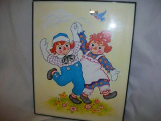 Vintage Raggedy Ann & Andy Doll Wall Art Litho Print Framed 1973 Bobbs Merril