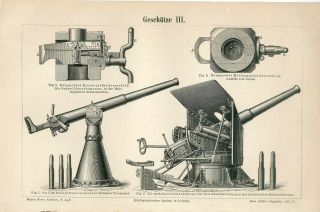 1887 Old Artillery Gun Cannon Shells Engraving Print