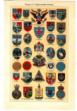 Ca1890 Coat Of Arms Symbols South America Argentina Cuba Bolivia Antique Print