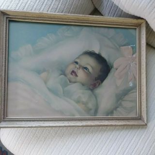 Vintage Adelaide Hiebel Framed Print Of A Baby 16 × 11 1/2 "