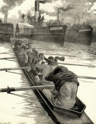 Antique Art Print 1879 University Boat Race Men Peeling Shirts Oxford Cambridge