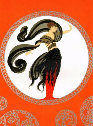 Classic Erte Art Deco Book Print " Flames Of Love " Gowned Woman With Flames