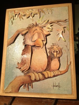 Handmade Art Picture Owls Wooden Plaque Decoupage 3d Cut Paper Signed Kolarik