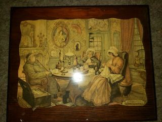 Vintage Anton Pieck Wooden Wall Plaque.  Art Tea Party Smoking Knitting Scene