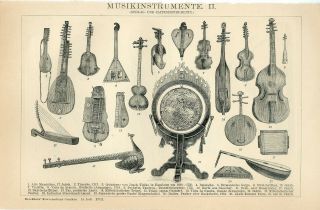 1895 Old Musical Instruments Music Antique Engraving Print