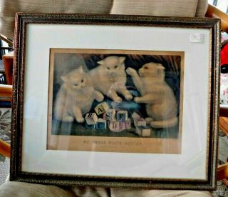 Antique Currier & Ives My Three White Kitties Learning Their Abcs Framed Print