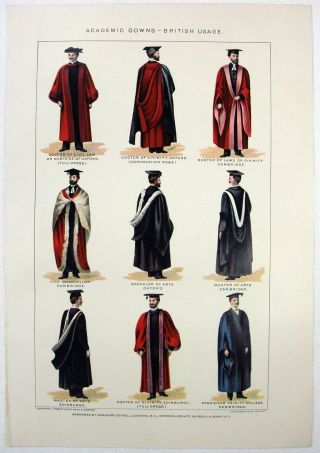 Academic Gowns - British Usage: 1902 Dated Chromo Lithograph.  Antique