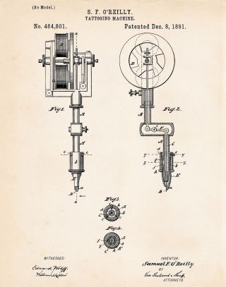 1891 Tattooing Machine Us Patent Art Print Gun Needle Tattoo Artwork O 
